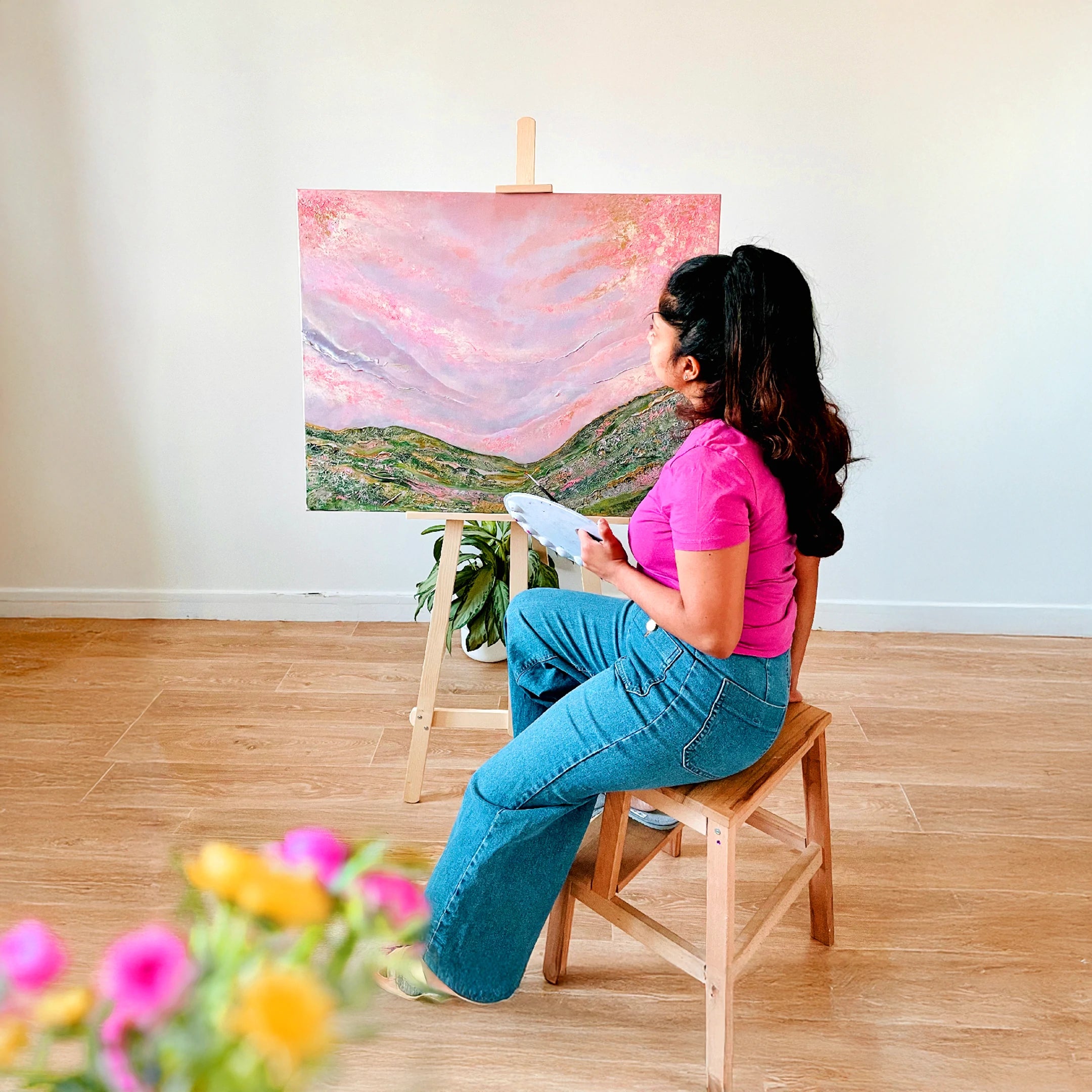 Mountain meadow with pink sky – original acrylic painting