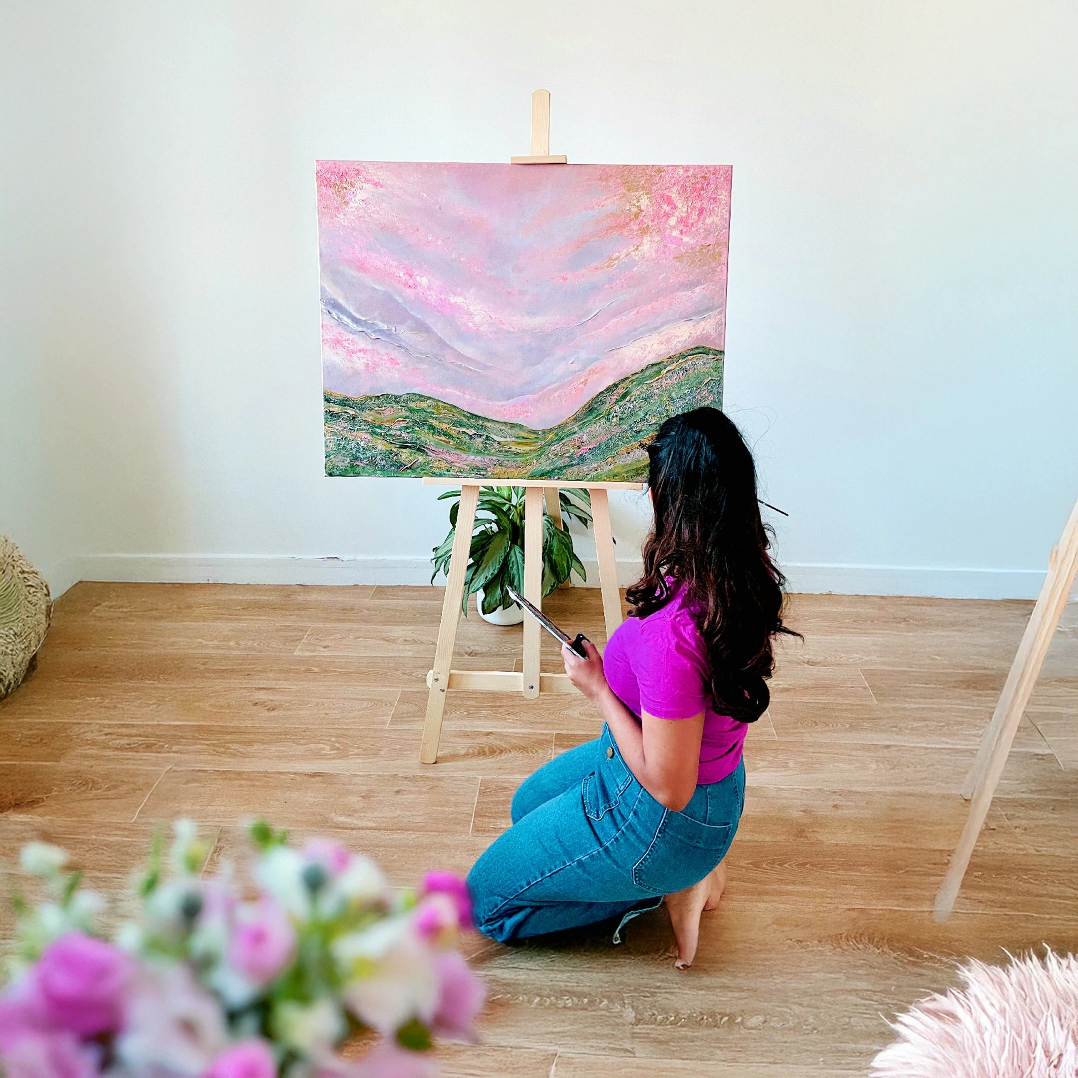 Mountain meadow with pink sky – view 4