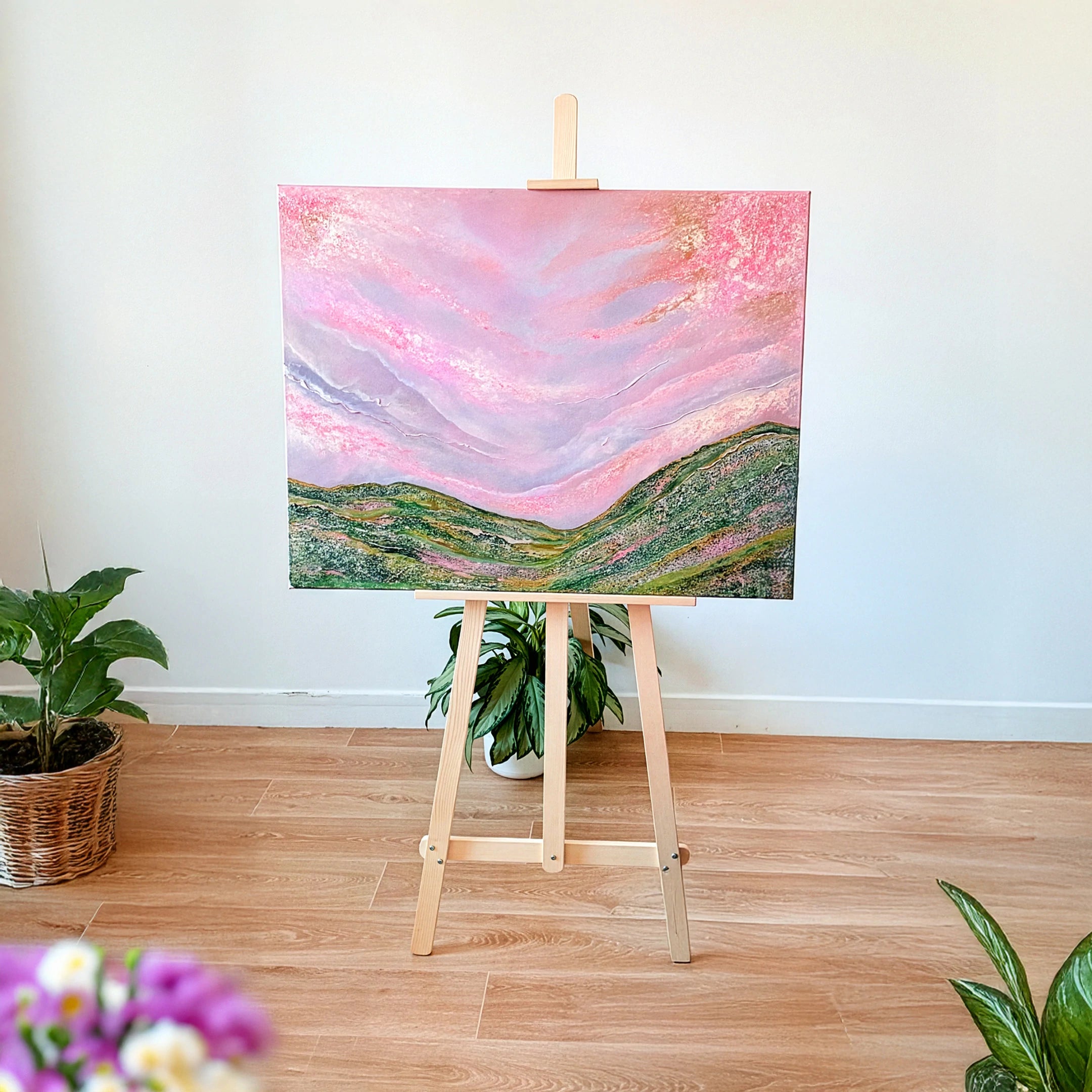 Mountain meadow with pink sky – view 3