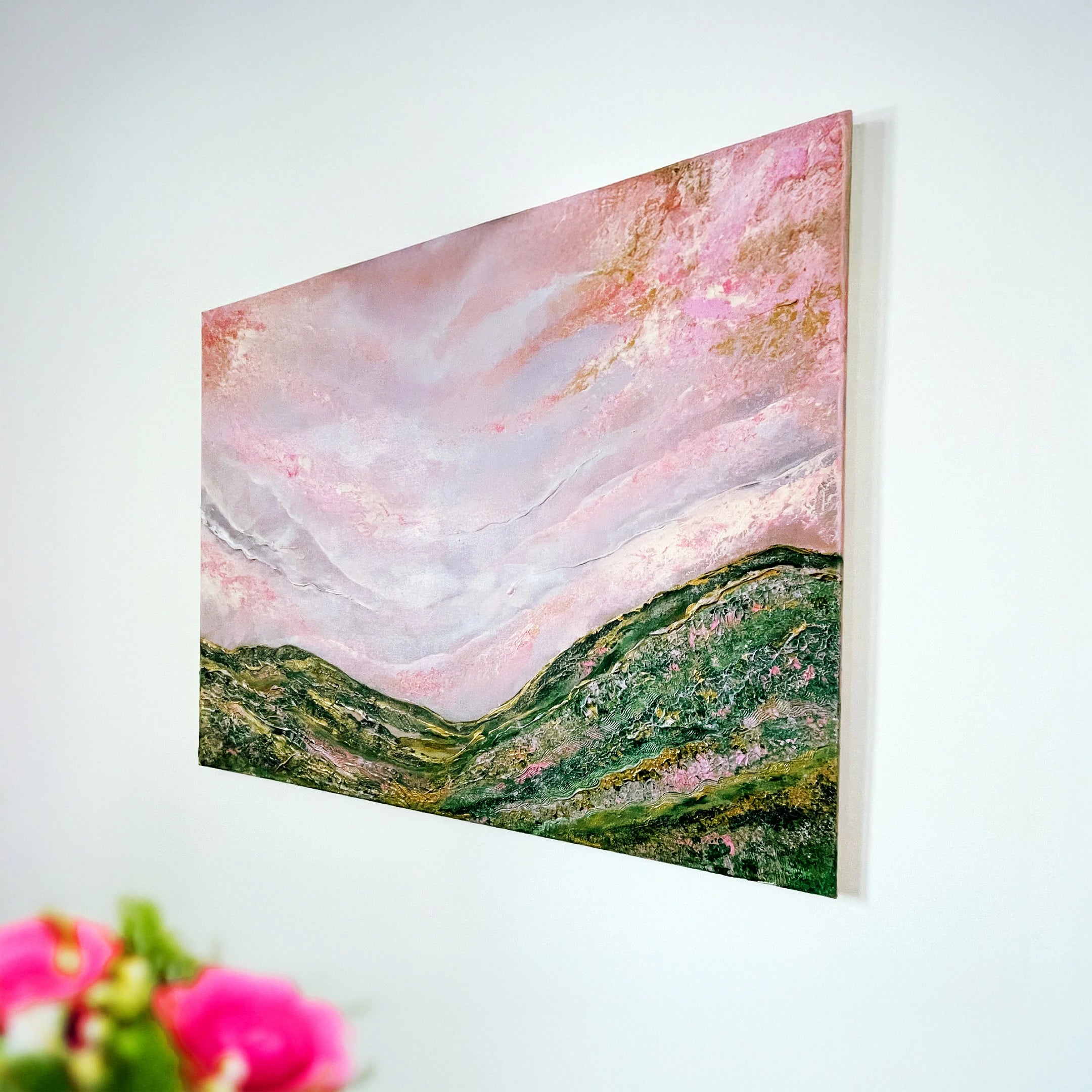 Mountain meadow with pink sky – view 2