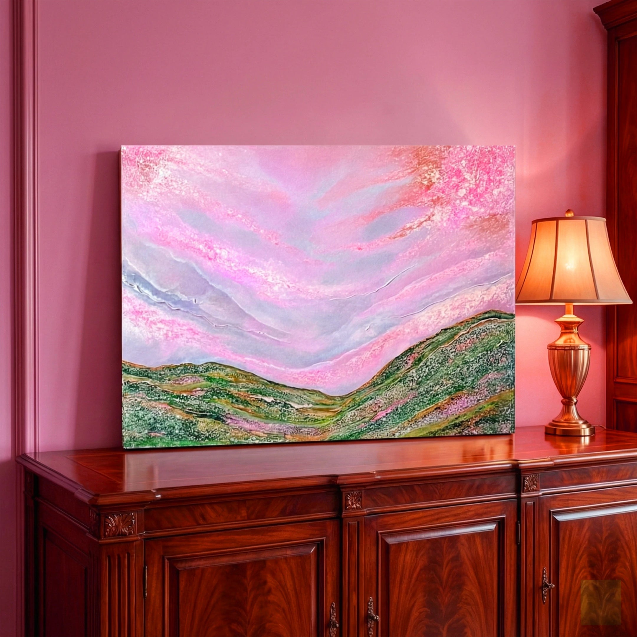 Mountain meadow with pink sky – original acrylic painting